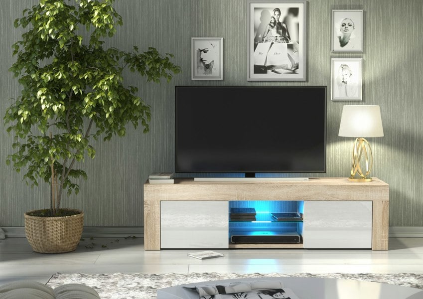 Mex Furniture Striking 130cm TV Unit Sideboard Cabinet with Black Matt Doors and Free LED Lights