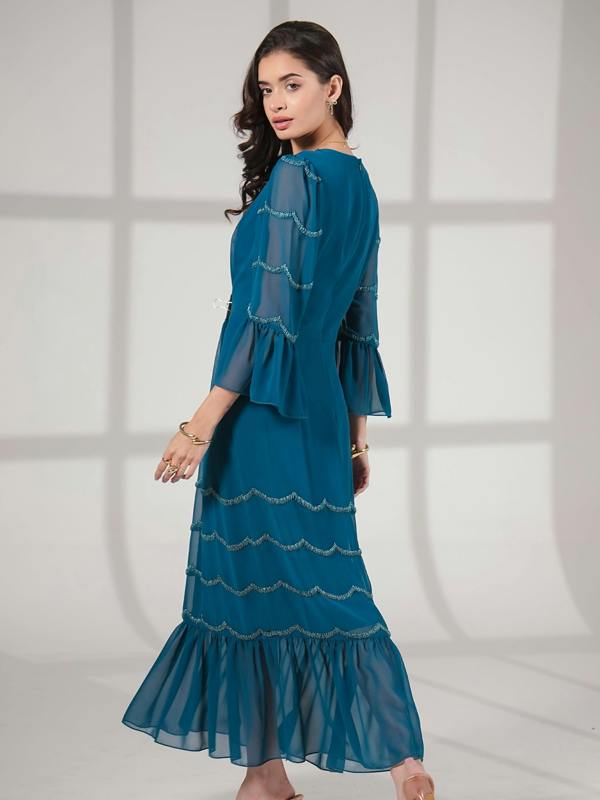 Rose & Nancy Georgina Teal Scallop Bead Midi Dress