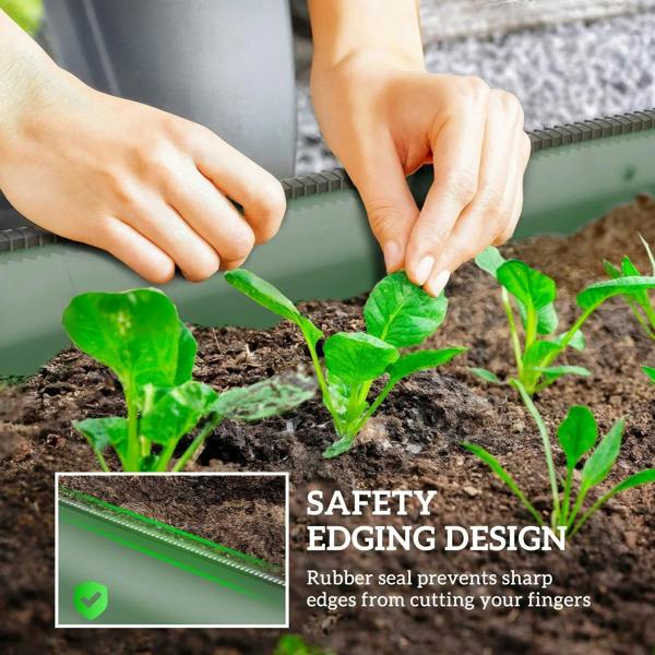 Hands planting seedlings in a green metal garden bed with safety edging detail