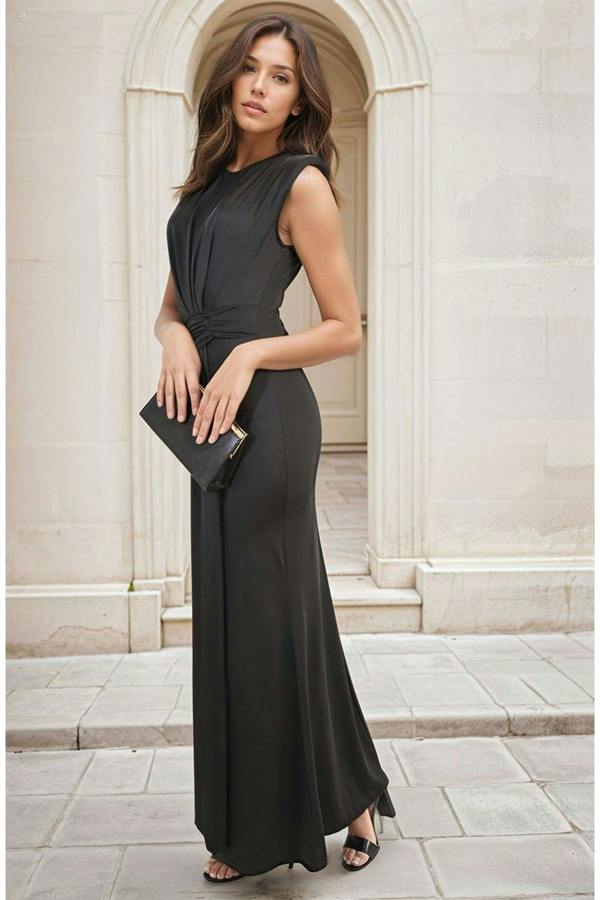 Nadia Sleeveless Gathered Maxi Dress With Drape - Red