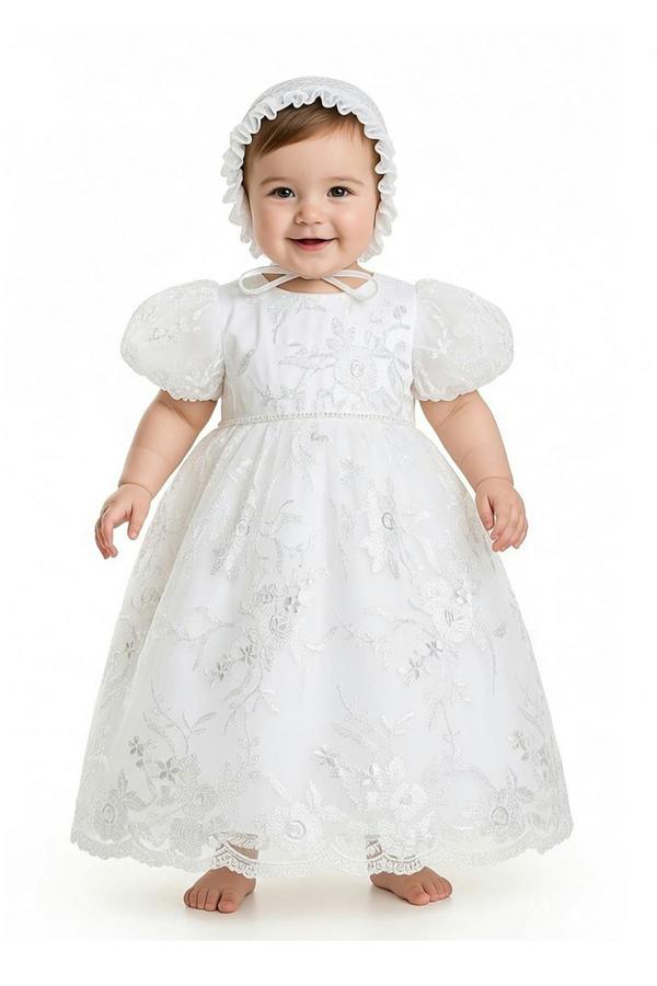 Cinda Lace Christening Gown Party Dress with Bonnet