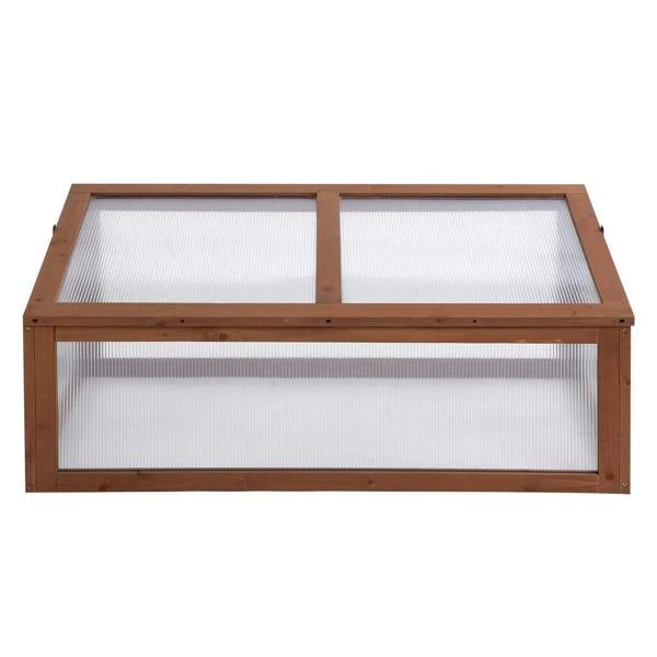 Rectangular wooden cold frame greenhouse with transparent lower and upper panels