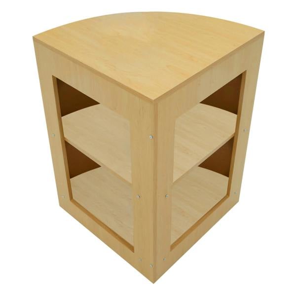 Gravity LED Shop Counter Set in maple finish, featuring a curved design, two open shelves, and a smooth wood texture for modern displays