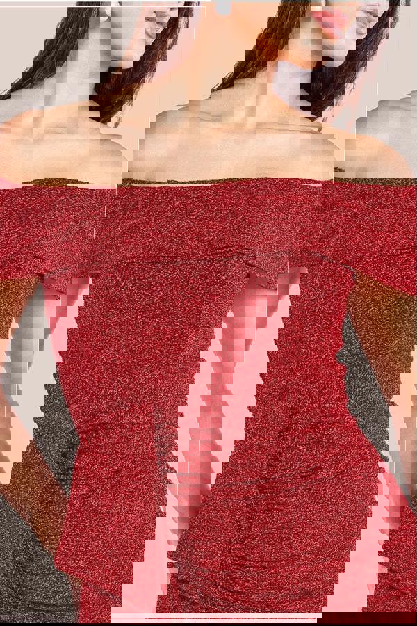 Sparkling Bardot Midi With Waterfall Ruffle - Red DR4030