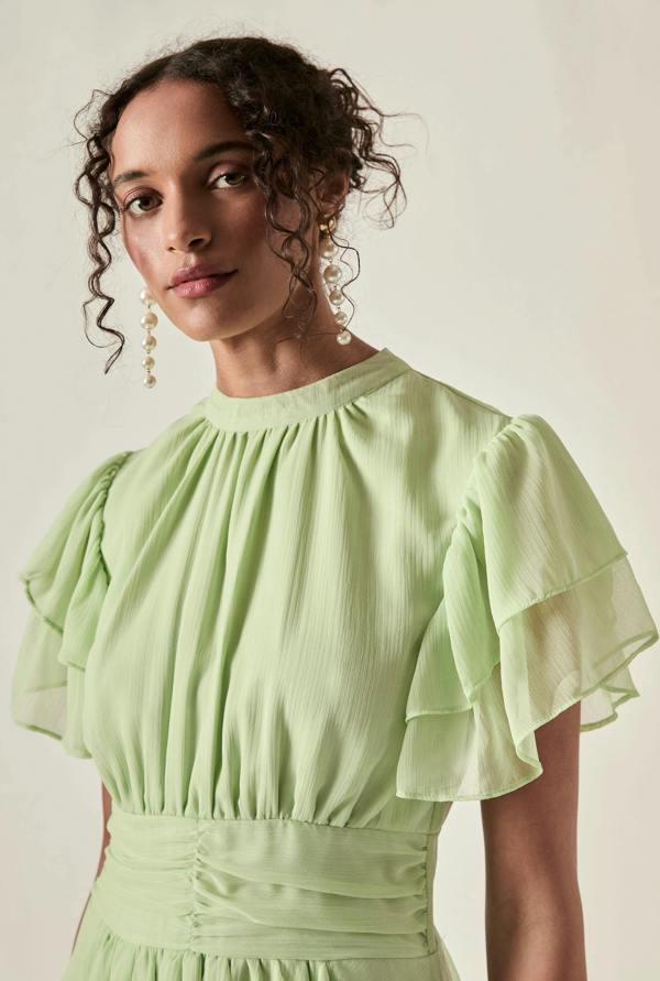Green Tiered Ruffle Maxi Dress with gathered neckline and flutter sleeves
