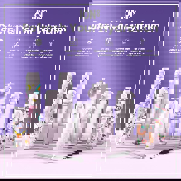 Several ION8 water bottles, in various sizes and designs, are displayed on a light purple surface. They showcase different materials and accessories. The background is a matching purple gradient.