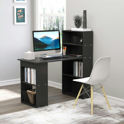 Wyld Haus Elni 120cm Wooden Black Study Desk With 6 Tier Bookshelf Storage