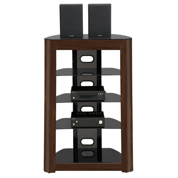 Homeology ZINNIA 5-Tier Walnut Fascia with Black Glass Shelves Entertainment Media Audio Rack