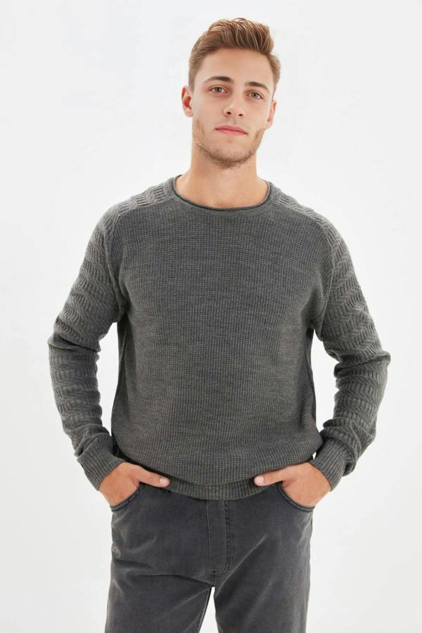 WOVCOR Crew Neck Textured Raglan Sleeve Knit Men's Sweater