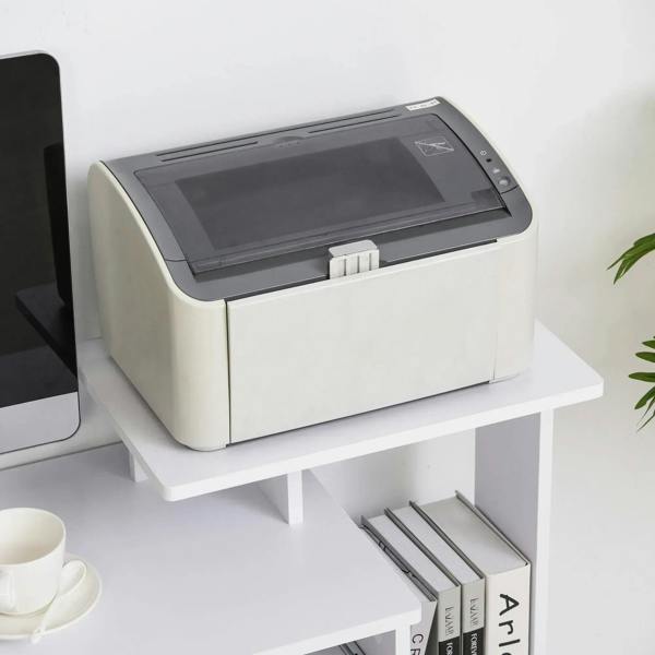 White computer desk with printer on top shelf and black fabric drawer storage