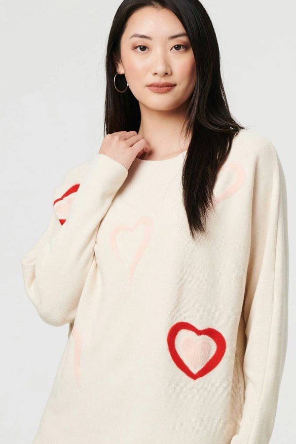 Beige | Heart Print Batwing Sleeve Jumper
