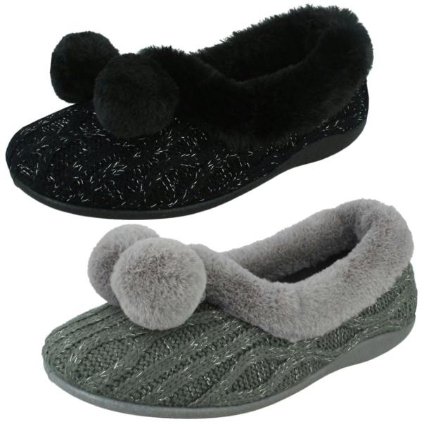 Rose Bank Ladies Rose Bank Memory Foam Knitted Pom Pom Slippers Chloe