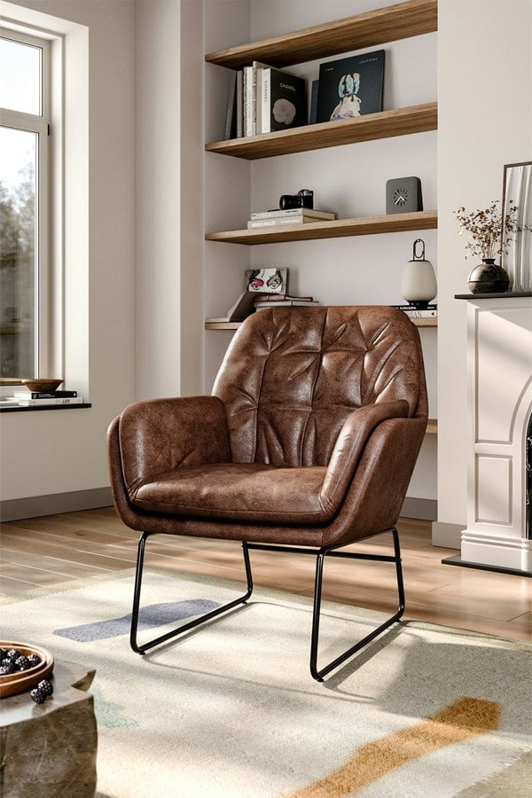 Living and Home Vintage PU Leather Tufted Leisure Armchair with Metal Legs