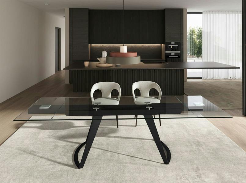 Angel Cerdá Rectangular extendable dining table in tempered glass and black steel 1150