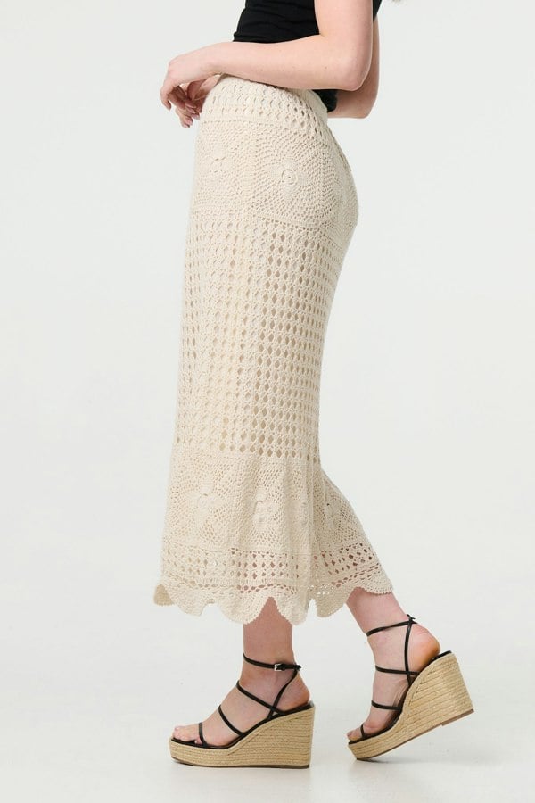 Ivory | Mesh Crochet Texture Tie Waist Midi Skirt
