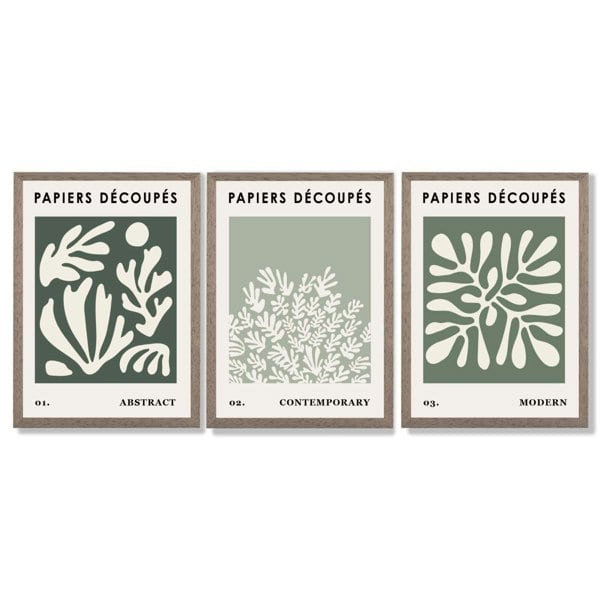 Matisse Floral Set of 3 in Green and Sage Framed Art Prints with Light Walnut Frames