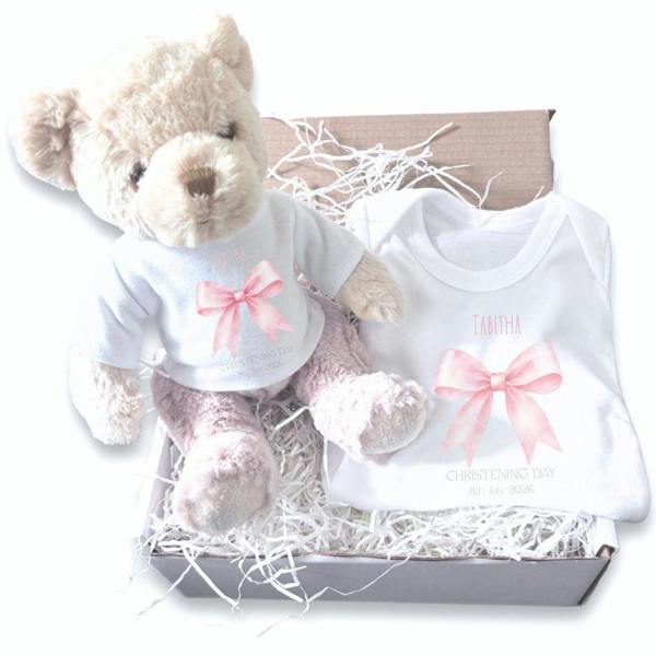Personalised Pink Bow Christening Day Baby Gift Box - Teddy & Vest