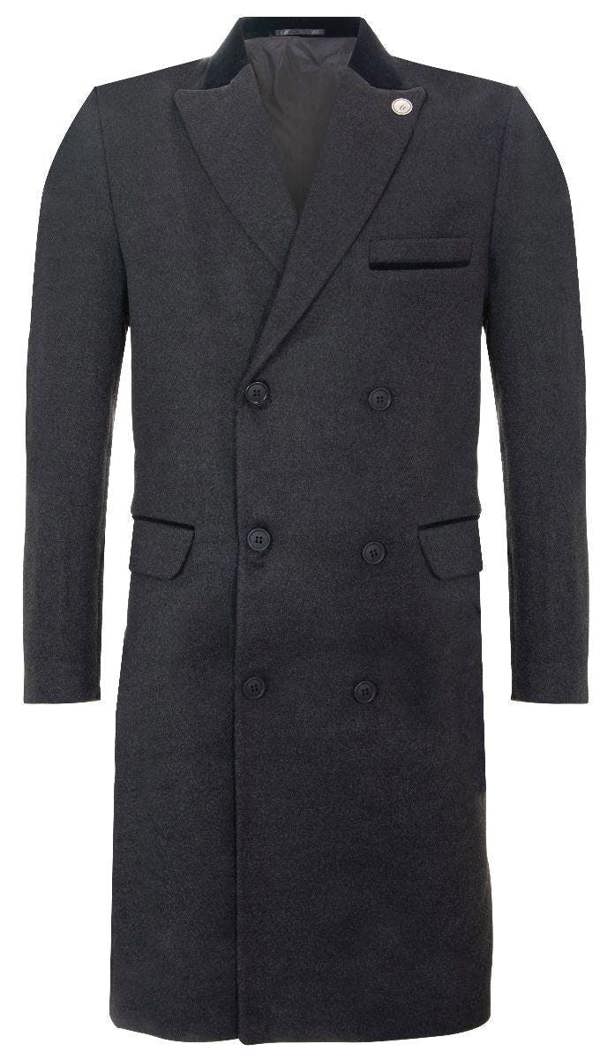 TruClothing Mens 3/4 Grey Long Double Breasted Overcoat Wool Coat Peaky Blinders