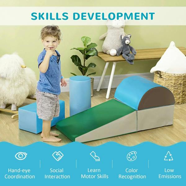 Toddler standing on blue-and-green foam climbing and crawling activity set