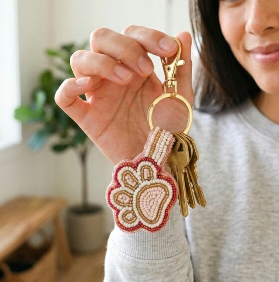 Gold Trip Paw Print Beaded Keyring