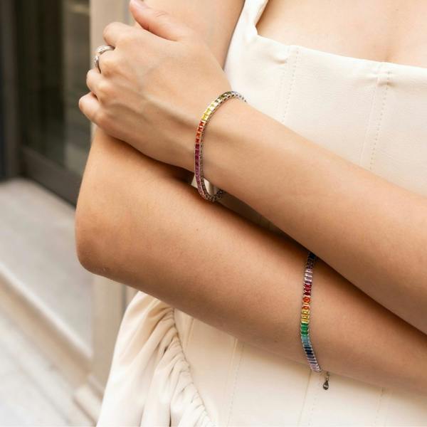 Spero London Sterling Silver Rainbow Baguette Tennis Bracelet
