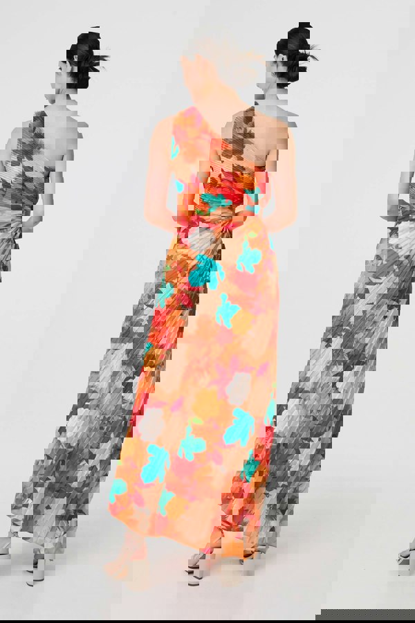 Orange | Floral One-Shoulder Pleated Maxi Dress