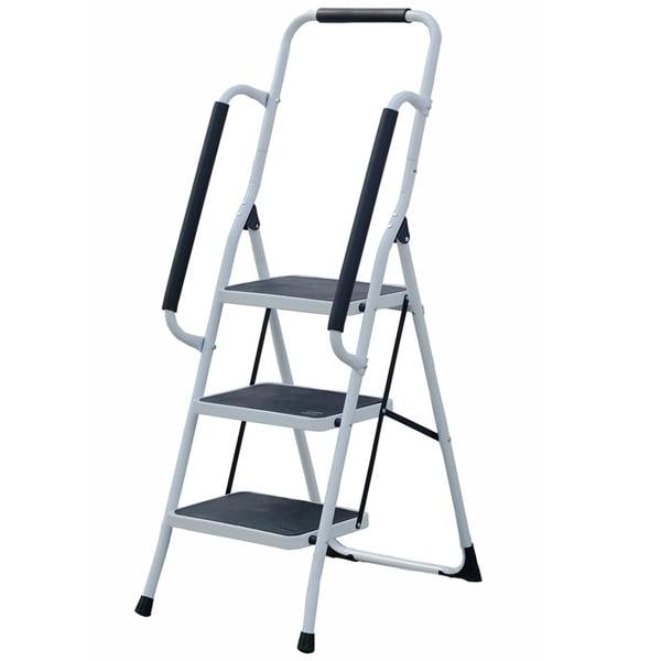 Gr8 Home 3 Step Ladder Folding Stool Non Slip Tread Steel Foldable Home DIY With Handrail