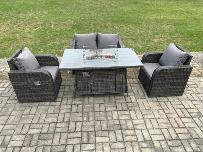 Fimous Rattan Outdoor Garden Furniture Sofa Set Gas Fire Pit Dining Table Gas Heater with Love Sofa 2 Recling Chair Dark Grey Mixed