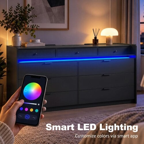 HOMCOM Chest of Drawers for Bedroom with LED Light & Charging Station, Black