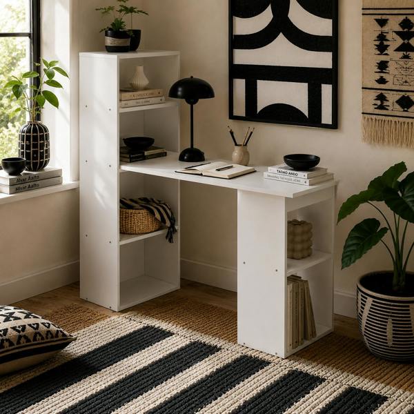 Wyld Haus Zire 120cm Wooden White Study Desk With 6 Tier Bookshelf Storage