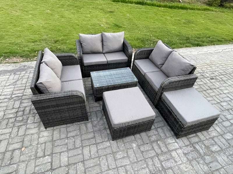 Fimous 8 Seater Garden Furniture Set Rattan Outdoor Lounge Sofa Chair With Tempered Glass Table 2 Big Footstool Dark Grey Mixed