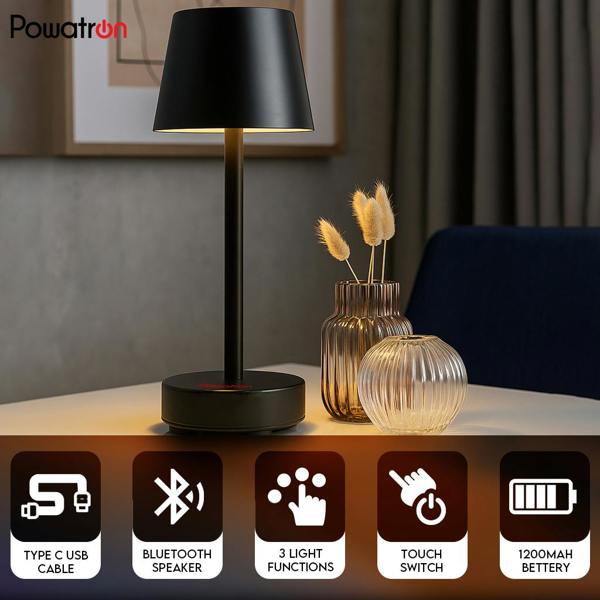 Powatron Bedside LED Lamp with Bluetooth Speaker Touch Control Night Lamp for Bedroom with Adjustable Brightness & 3 Light Modes