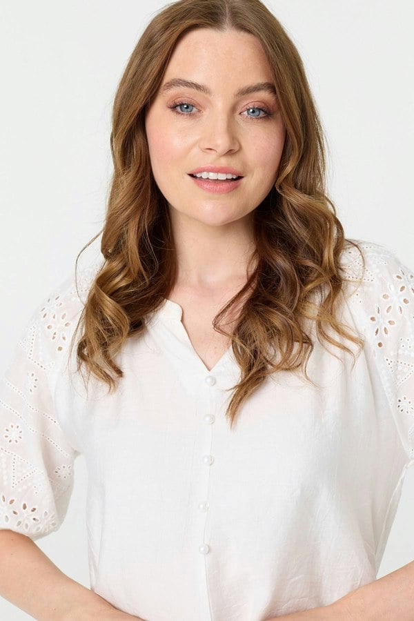 White | Broderie Anglaise 3/4 Puff Sleeve Blouse