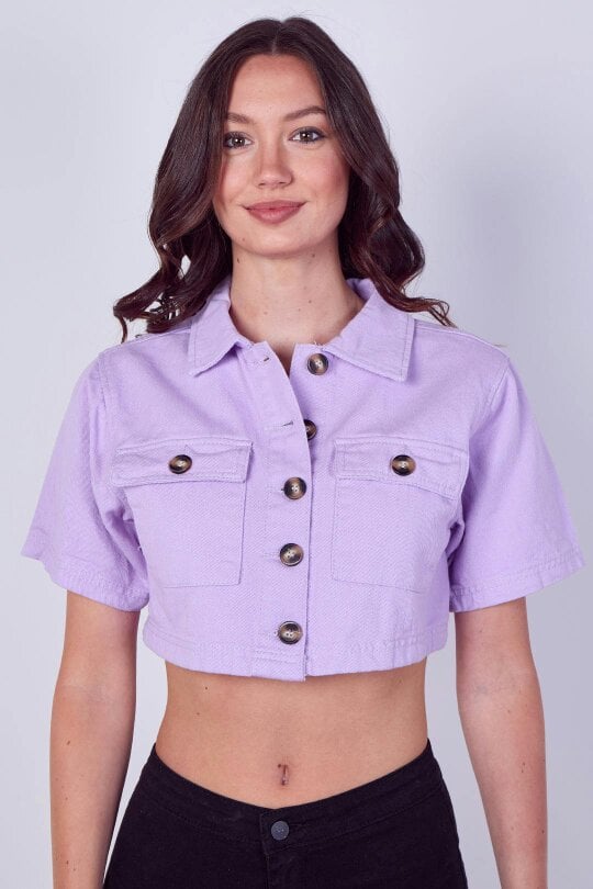 Lilac Cropped Denim Button-Up Top - Lilac