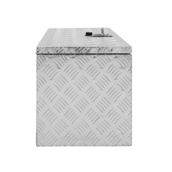 Extra large aluminium tool box with a diamond plate texture, featuring a secure latch and a sleek silver finish for durability