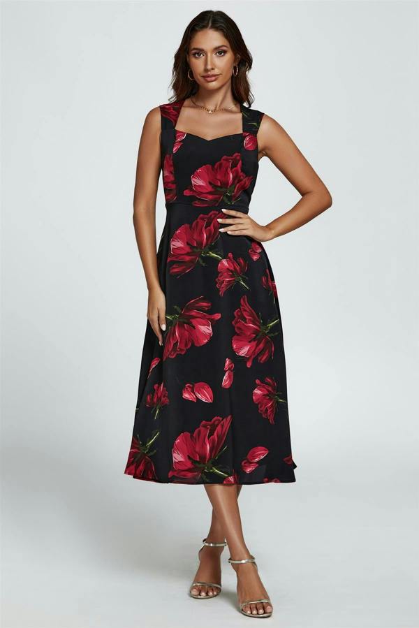 FS Collection Floral Print Heart Neck Midi Dress In Black