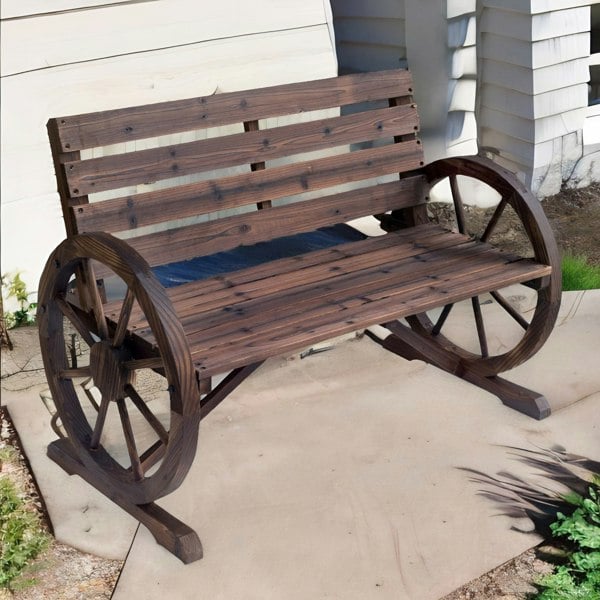 Rafaelo Mobilia Wooden 2 Seater Wagon Wheel Outdoor Bench Rustic Brown