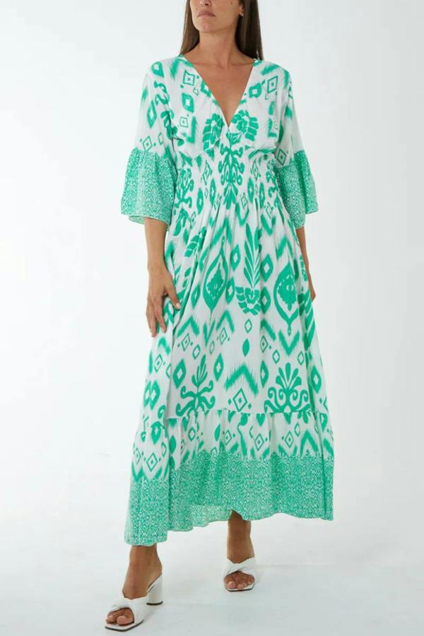 Hoxton Gal Oversized Flutter Sleeves Shirred Waist Geometrical Print V Neck Maxi Dress in Green and White