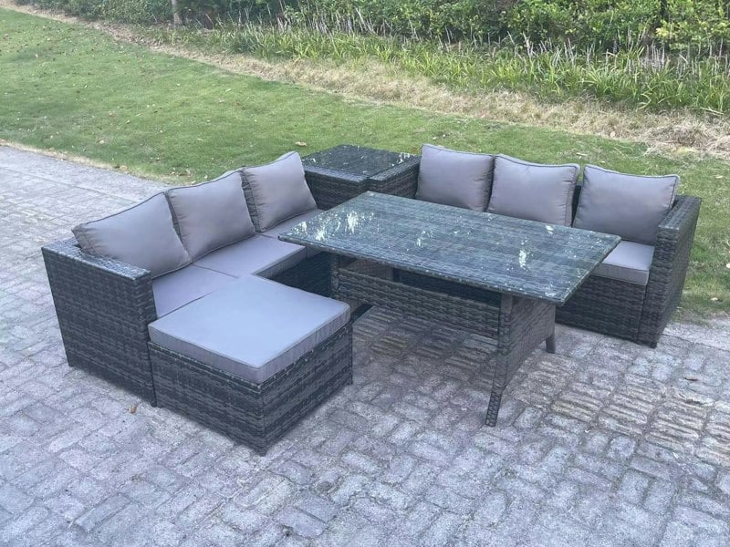 Fimous PE Wicker Outdoor Garden Furniture Set Patio Rattan Rectangular Dining Table Lounge Sofa with Big Footstool Side Table 7 Seater Dark Grey Mixed