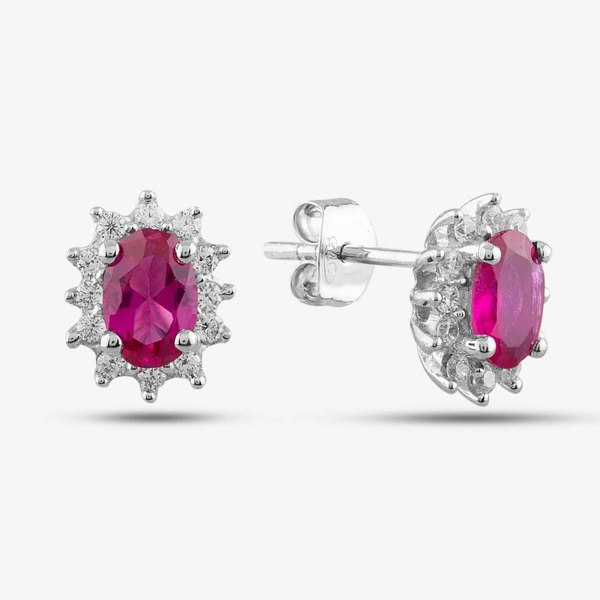 T. H. Baker 9ct White Gold Oval Cut Ruby & Cubic Zirconia Halo Stud Earrings D152308WR