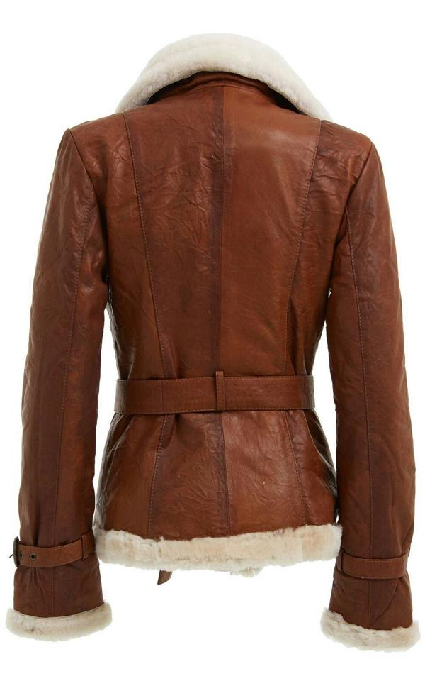 Infinity Leather Womens Tan Double Breasted Sheepskin Aviator Jacket-Leshan
