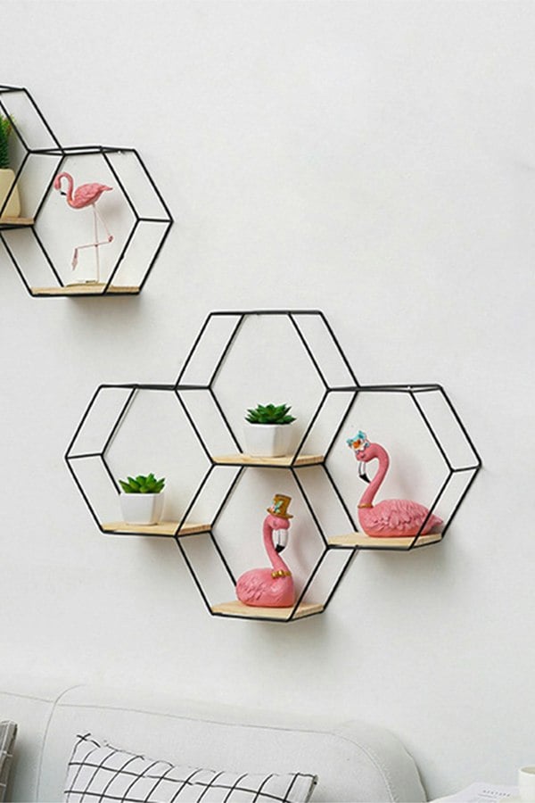 Living and Home Modern Hexagon Wall-mount Shelf with Iron Frame