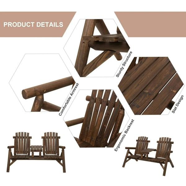 Carbonized wood patio bench set with close-ups of slats, sturdy joints, and back detail.