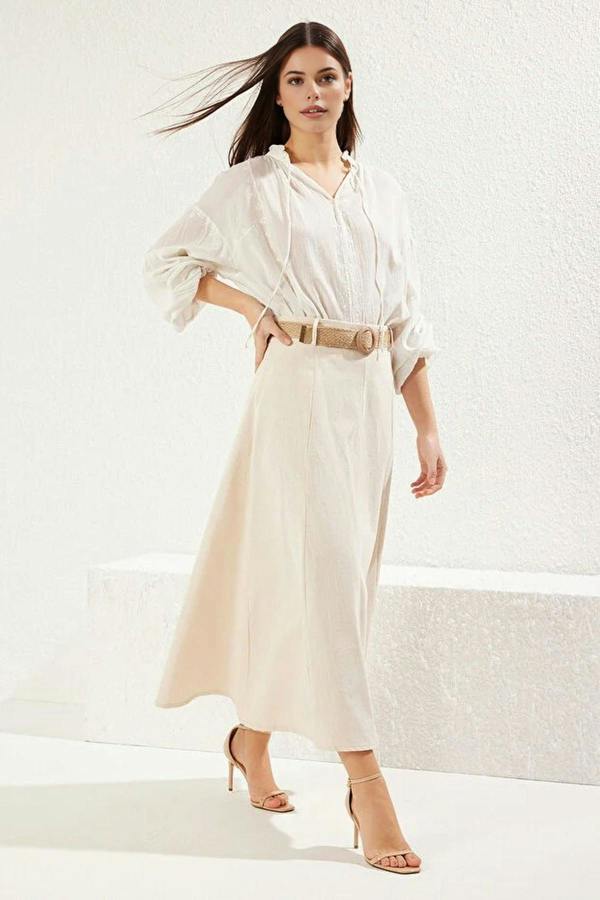 WOVCOR Linen Maxi Length A-line Woven Skirt with Belt Detail
