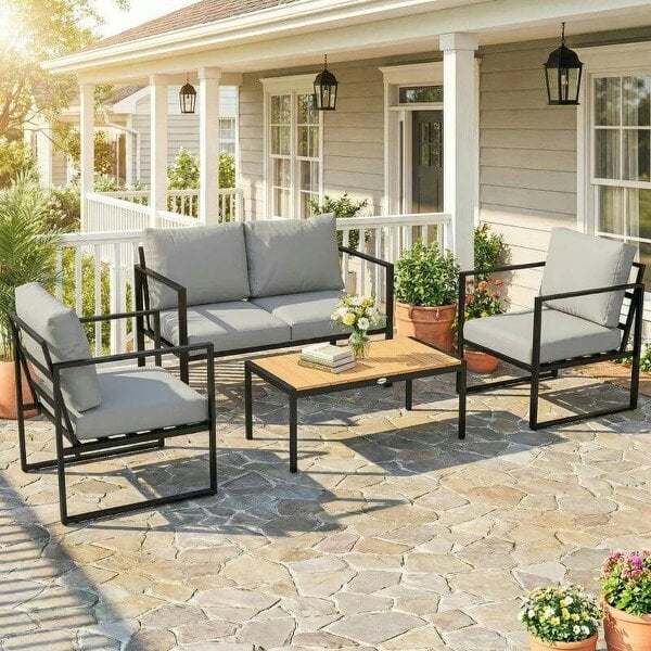 Outdoor Garden Furniture Set, 4 Piece Patio Furniture with Slatted Table, Indoor Outdoor Balcony Patio Conservatory Set - Grey