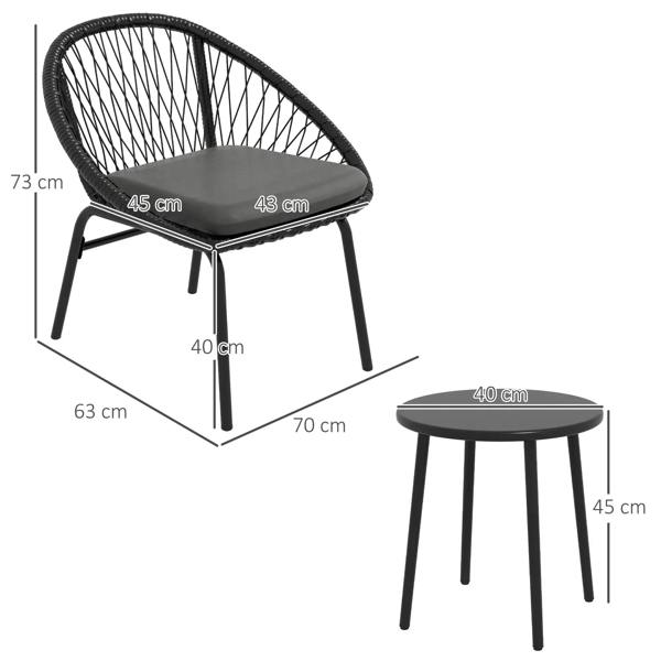 Black rattan bistro set with two chairs and round table, size dimensions shown