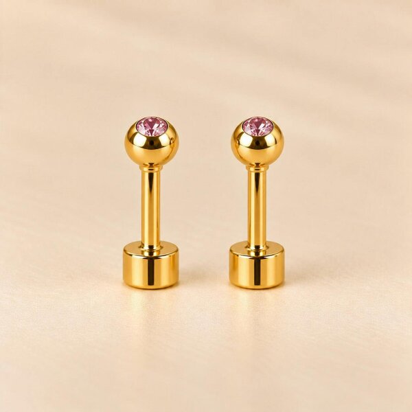 The Colourful Aura 18ct Gold Plated Tiny 4mm Ball Flat Back Coloured Stone Stud Earrings - Pink
