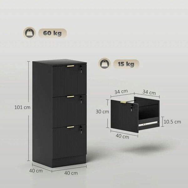 Filing Cabinet, Fluted Vertical File Cabinet with 3 Lockable Drawers and Hanging Rails, Black