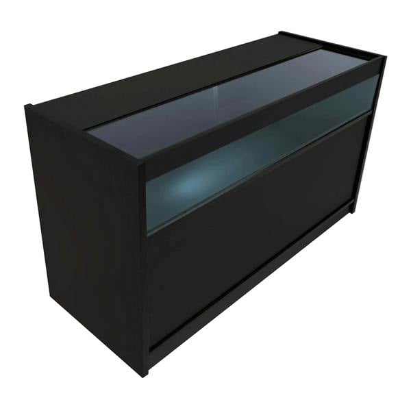 Black Europa LED shop counter set featuring a sleek design, glass display top, and illuminated interior for enhanced visibility