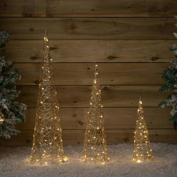 Samuel Alexander Set of 3 Gold Light Up Gold Christmas Cones Decorations with 120 Warm White LEDs